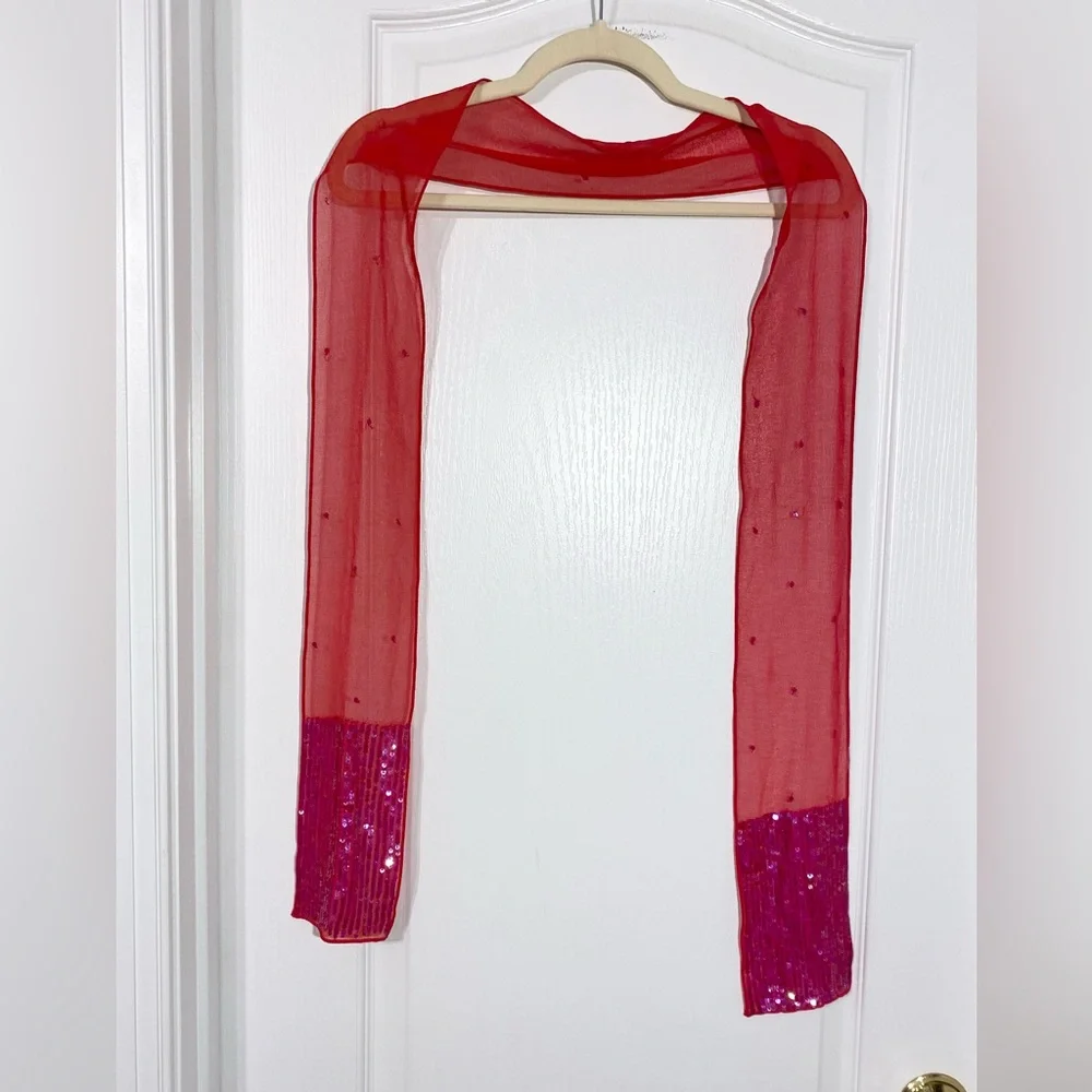 Y2K SILK Sequin Sheer Long Scarf / Sash Belt 4”x70” Pink Vintage
